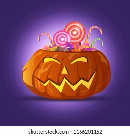 Vector Night Halloween pumpkin with a Candies and Lollipops,Dark background.