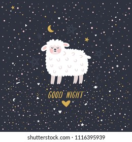 Vector night illustration with cute lamb and text "Good night". Dark background with cartoon sheep, moon, stars and hearts. Childish poster. Kids room decoration.