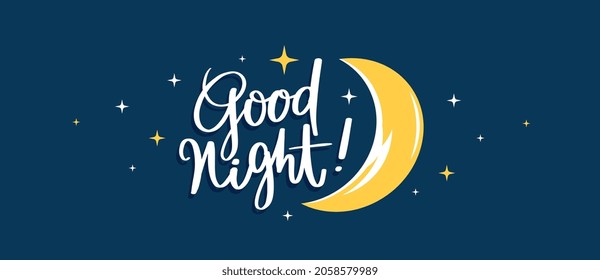 Vector night illustration of lettering wish good night on dark blue sky background with star and yellow light moon. Art design with text for web, site, banner, poster, flyer