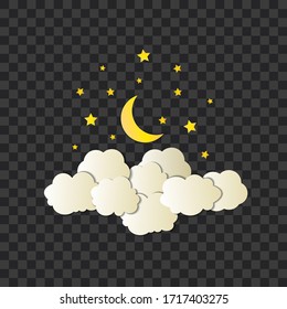 Ilustración nocturna vectorial, luna brillante y estrellas, nubes, estilo de arte de papel, objetos aislados sobre fondo transparente oscuro, tiempo de sueño.