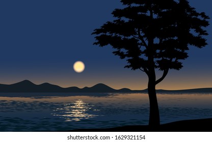 Vector night illustration with silhouette of tree, lake and moon