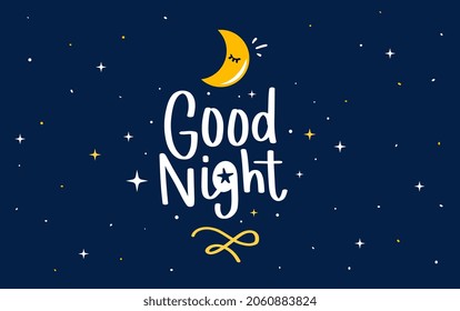 Vector night illustration of wish lettering good night on dark blue sky background with star and light moon. Art design with text for web, site, banner, poster, flyer