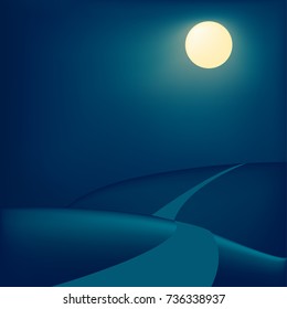 Vector night landscape background. Cartoon wallpaper of sky, moon, hills and road in the night. Mystical moonlight illustration.