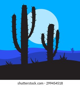 vector night landscape with cactus and desert
