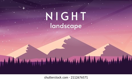 Vector night landscape. Forest in foreground and mountains in background. Beautiful starry sky. Design for background, business or greeting card. 