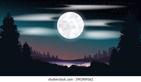 El paisaje nocturno vectorial. Bosque. Cielo estrellado. Ilustración colorida. Luna Brillante. Cielo estrellado antes del amanecer.