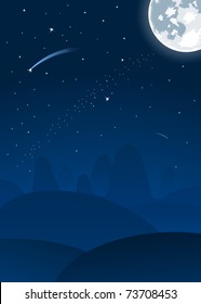 Vector night landscape with full moon and falling stars