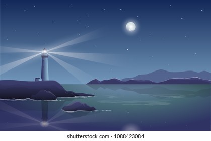 Vector night landscape with lighthouse by the sea and shining moon