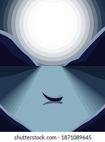 Vector night landscape of a lonely boat among the mountains in the moonlight