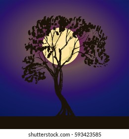 a vector night landscape with a moon and a hand drawn tree silhouette 