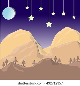 Vector night landscape of mountain, moon and star illustration mix with paper cut style.