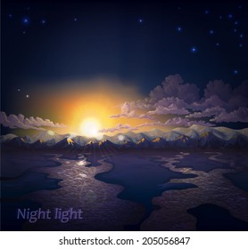 Vector night landscape with mountain ranges, rivers, clouds, stars and the setting sun shining.