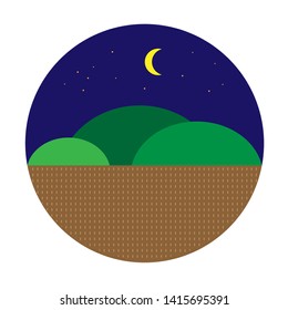 Vector night landscape with mountain and rice field