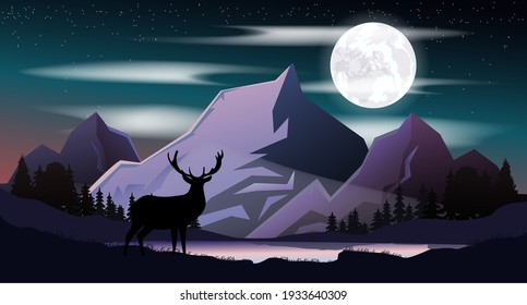 Vector night landscape. Mountains, forest, deer. Starry sky. Colorful illustration. Mountains are reflected in a mountain lake. The bright moon. Starry sky before dawn.