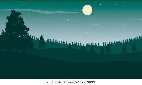 Vector night landscape with mountains and full moon.