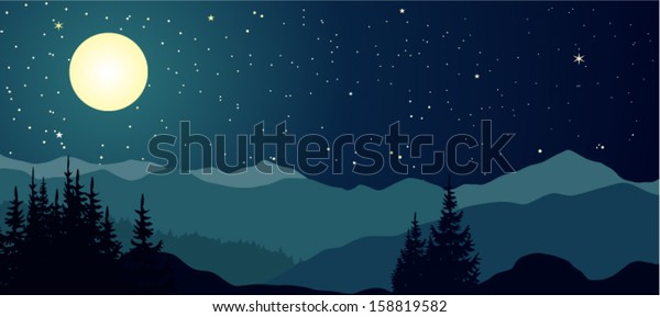 Vector Night Landscape Mountains Full Moon Stock Vector (Royalty Free ...