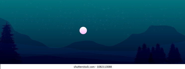 vector night landscape of mountains under full moon and starry sky