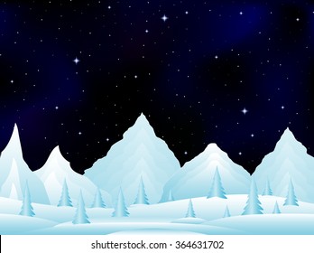 Vector night landscape with snowy frozen mountains under starry night sky. Vector night scene. Frozen winter landscape