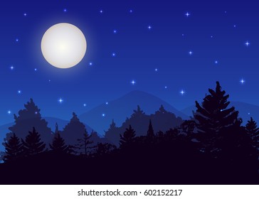 Vector night landscape with spruce forest, starry sky and full moon.