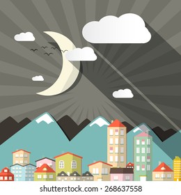 Vector Night Landscape Town or City in Flat Design Retro Style Illustration with Mountains and Moon