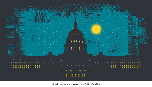 Vector night landscape with US Capitol Building in Washington DC in art grunge background of spots and geometric shapes from elements of big city architecture. suitable for logo, t-shirt design.