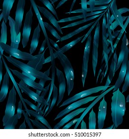 Vector night leaf pattern. Palm tree leaves. Background from plants. Summer tropical background of palm leaves