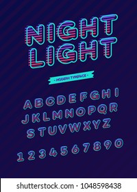 Vector night light font modern typography. Alphabet for promotion, banner, party poster, t shirt, kids book, logo, emblem, printing on fabric, greeting card, decoration, stamp, label, offer