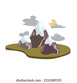 Vector night mountain landscape. Illustration of mountains with snowy peaks at night with moon and clouds