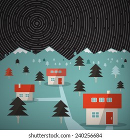 Vector Night Mountain Landscape with Star Trails on Sky