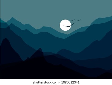 vector night mountains and birds illustration. nature landscape