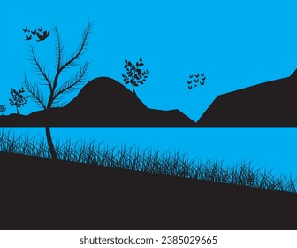 vector night in mountains, Mountain lake landscape vector illustration. 