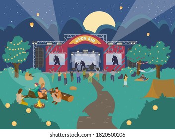 Festival de música nocturna al aire libre. Escenario De Música, Gente Bailando, Relajándose, Sentándose Cerca De La Fuga.