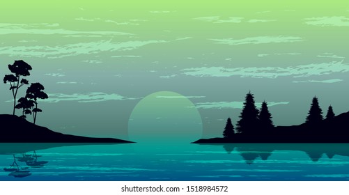 vector night nature landscape, lake and trees, twilight dark sky illustration