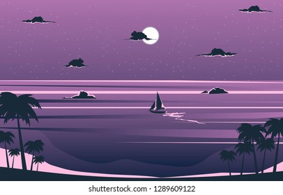 vector night ocean illustration, purple starry sky and boat sailing to horizon