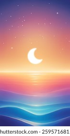 Vector Night Ocean Landscape with a Crescent Moon and Starry Sky – Aesthetic Phone Wallpaper or Instagram Story Background with Soft Gradient Waves and a Dreamy Atmosphere