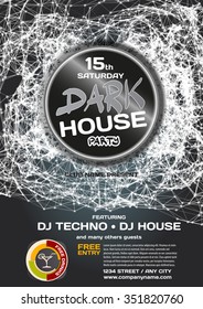 Vector night party invitation dark house techno style. Vector template graphic.