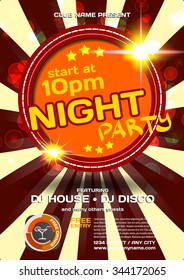 Vector night party invitation disco style. Vector template graphic.