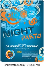 Vector night party invitation disco style. Vector template graphic.