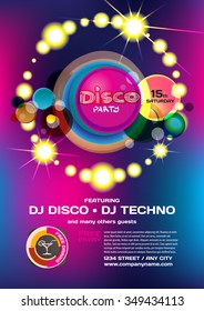 Vector night party invitation disco style. Vector template graphic.