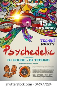 Vector night party invitation in psychedelic techno style. Vector template graphic.