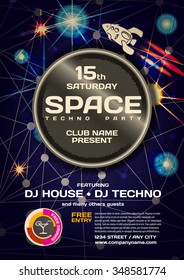 Vector night party invitation space techno style. Vector template graphic.
