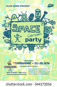 Vector night party invitation. Vector template with cartoon alien graphic.
