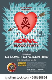 Vector night party valentine's day. Template poster graphic heart pierced by an arrow and the skull