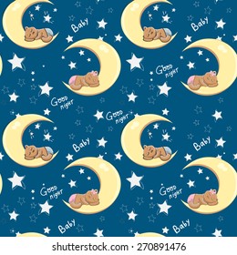 vector night pattern with sleeping baby bears on the moon