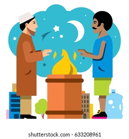 Vector Night Refugee Camp. Illegal migration. Flat style colorful Cartoon illustration.