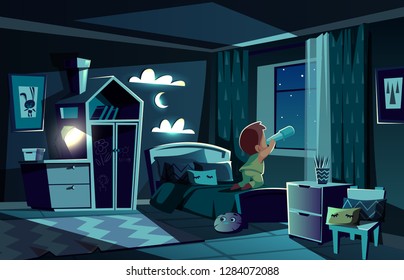 Vector night room with little boy watching stars by spyglass, telescope. Bedroom in the moonlight, children place with wardrobe, nightlight and clouds on walls. Infant observes the sky. Cozy interior.