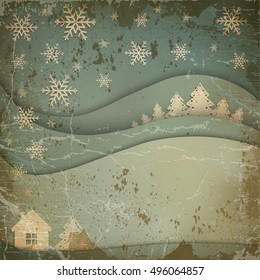Vector night scene with house on starry sky background and forest.