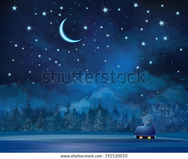 星の空の背景にベクター画像の夜景と森 のベクター画像素材 ロイヤリティフリー