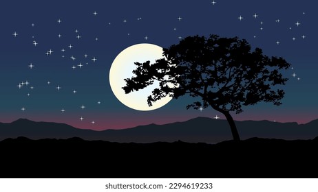 Vector night scene illustration with silhouette of a tree, full moon and stars