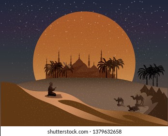 Vector Night Scene Of Oasis In Arabian Desert.cartoon Vector Of Mosque,dust,sand,desert,camels And Prayer Prays To God In Ramadan Celebration Month.Landscape Of Muslim Cultural Tradition And Bedouin. 